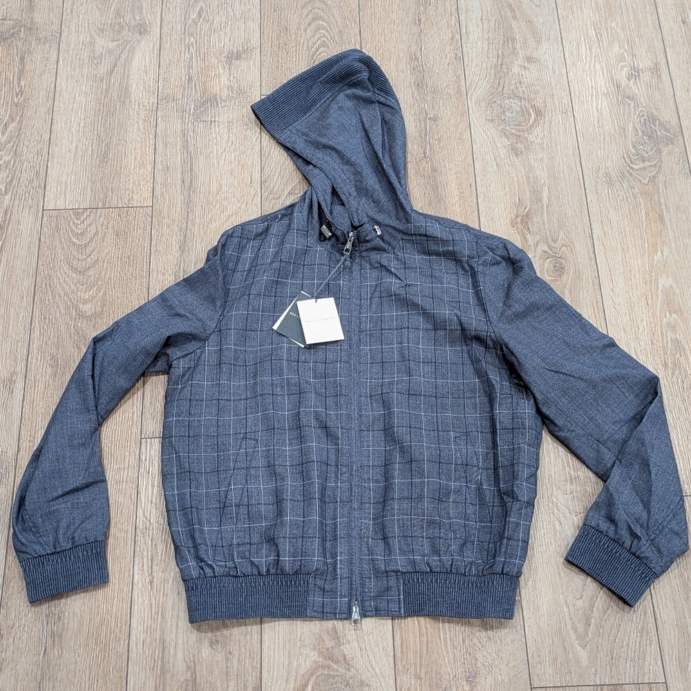 $1990 Mens Brett Johnson Virgin Wool Check Windbreaker Jacket Navy 52 US 42